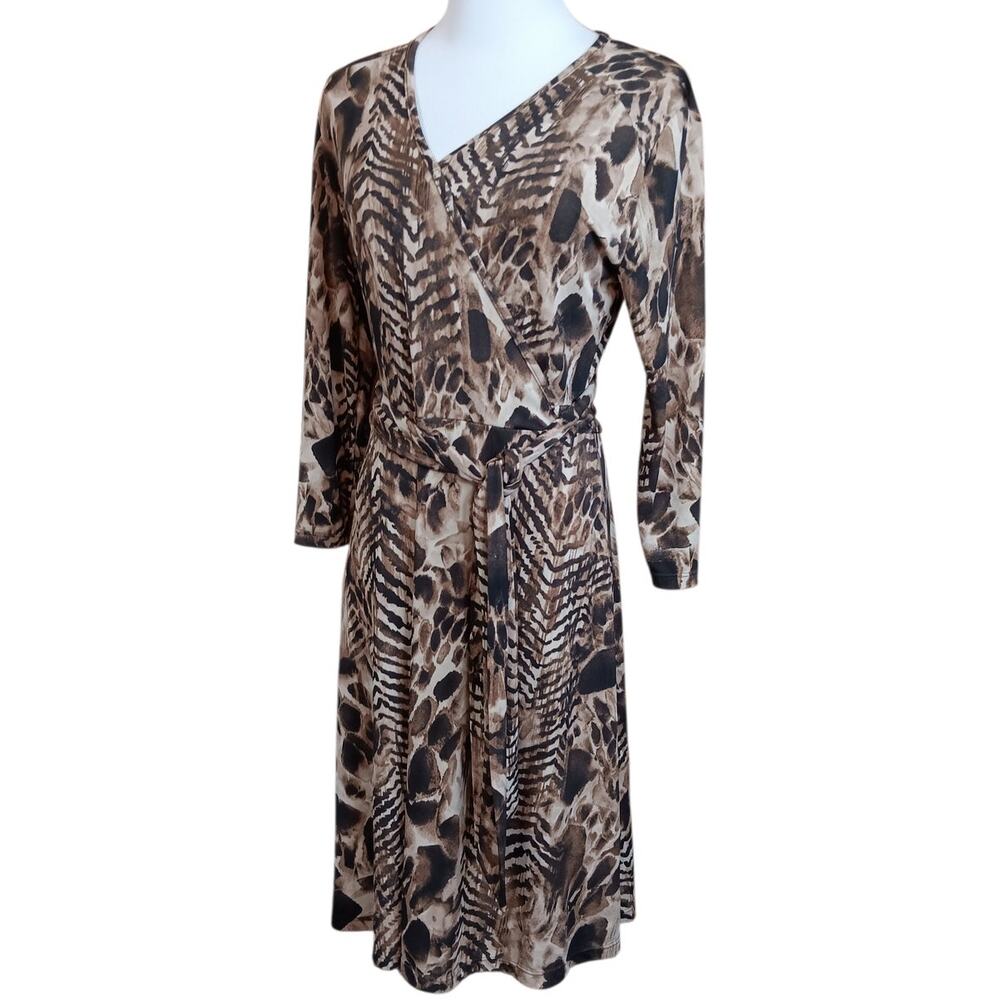 CHICO'S 1 Faux Wrap Dress Stretch Slinky‎ Medium Animal Print Career Travel Trip